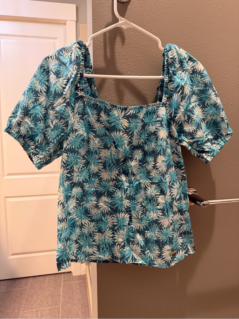 Michael Kors Teal & White Floral Puff-Sleeve Top